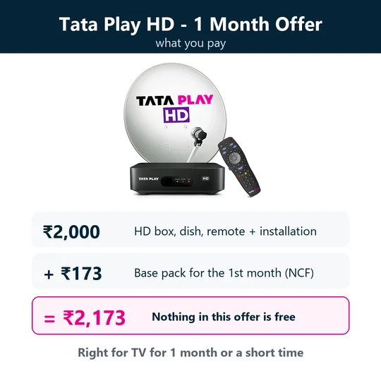 Tata Play HD 1 month offer - what you pay: ₹2,000 for HD box, dish, remote and installation plus ₹173 base pack for the first month (NCF) = ₹2,173. Nothing in this offer is free.