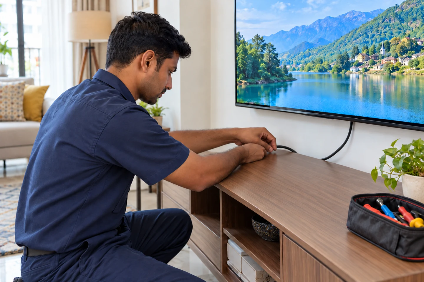 Illustrative technician preparing a DTH installation
