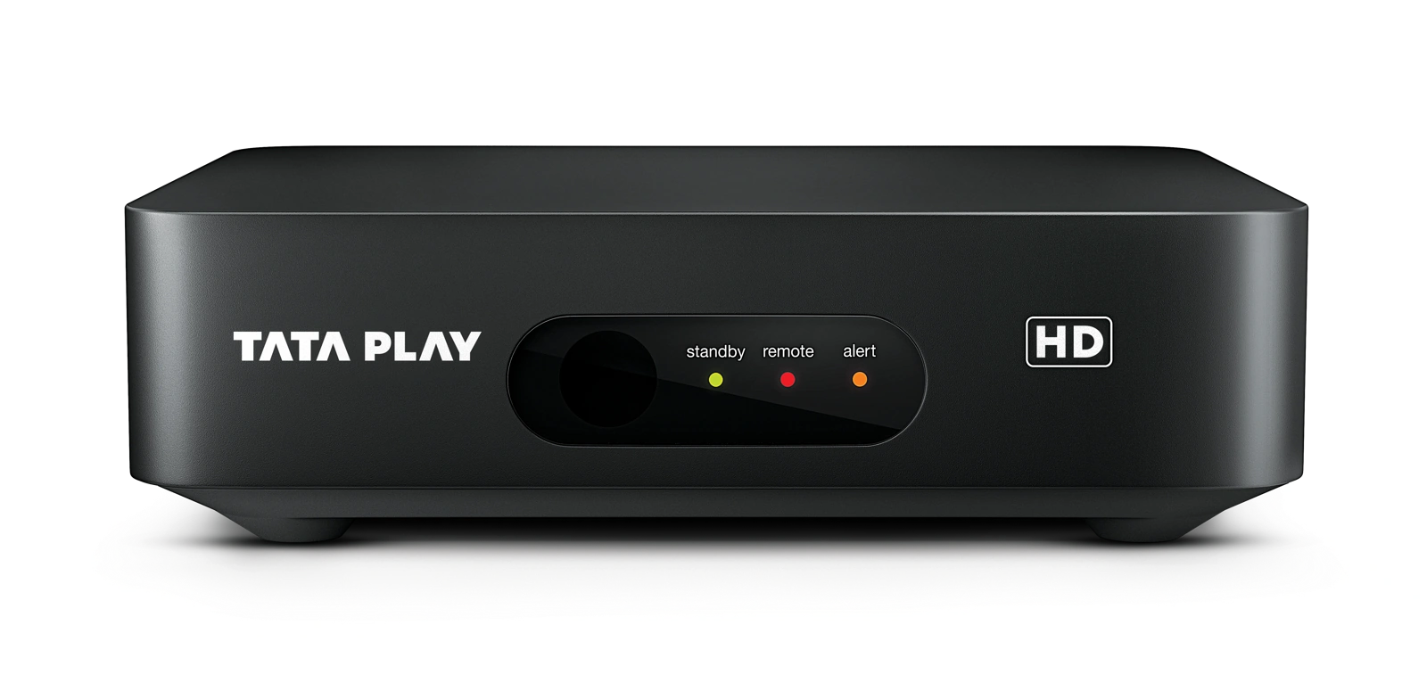 Actual Tata Play HD box with standby, remote and alert indicators